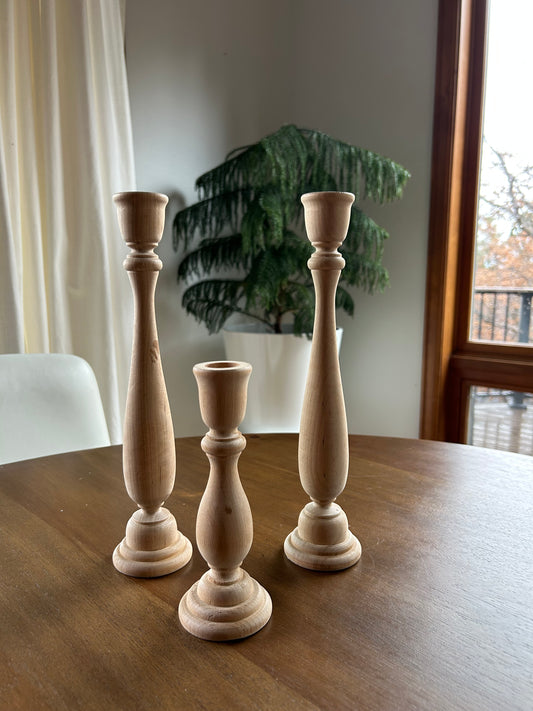 Set of 3 Turned Natural Wood Candlesticks