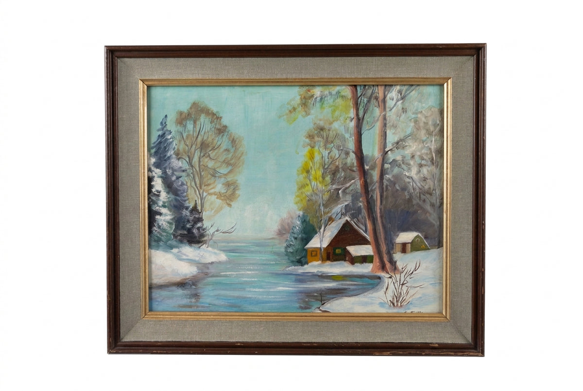Cozy Winter Cabin Vintage Painting
