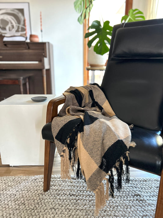 Black Checkered Woven Throw Blanket