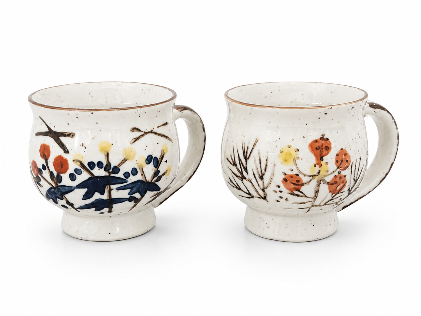 Vintage Japanese Stoneware Floral Mugs (Set of 2)