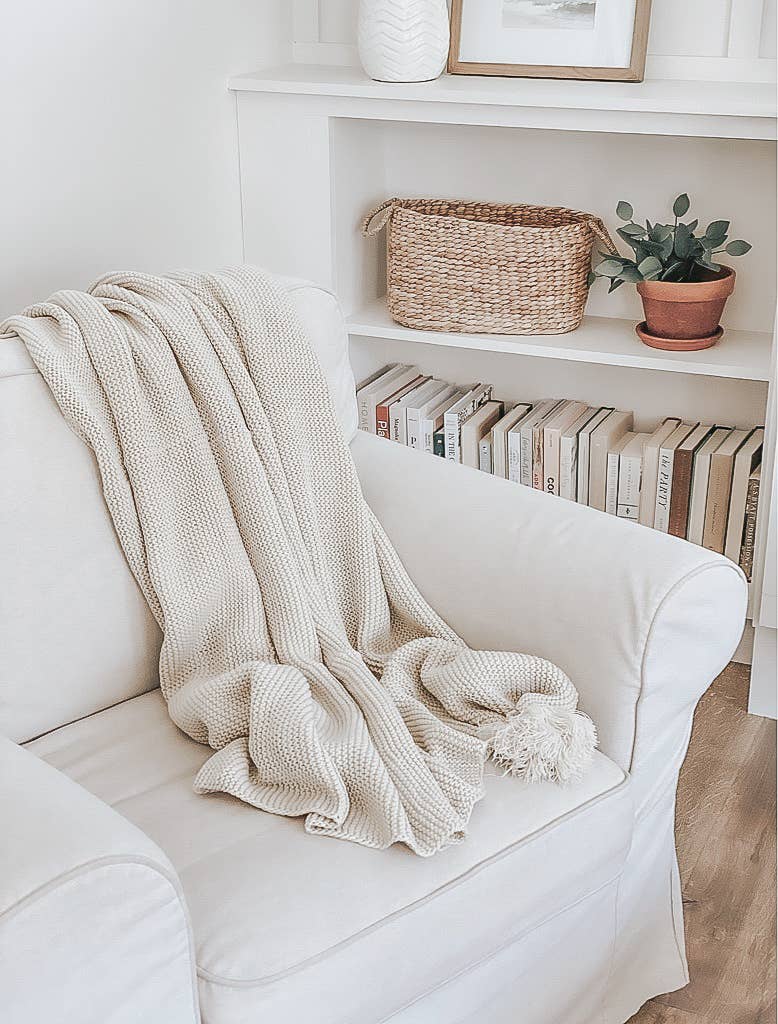 Cream Knit Throw Blanket With Tassels