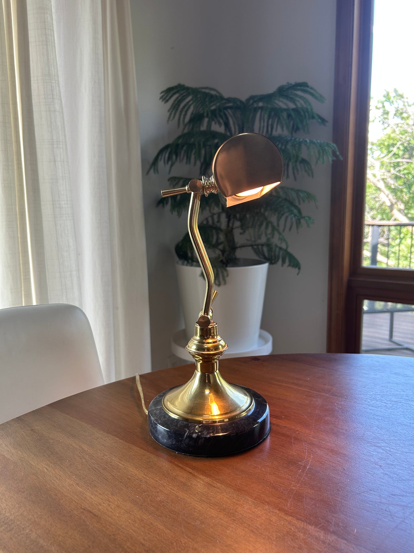 Vintage Brass Bankers/Piano Lamp with Black Marble-Style Base