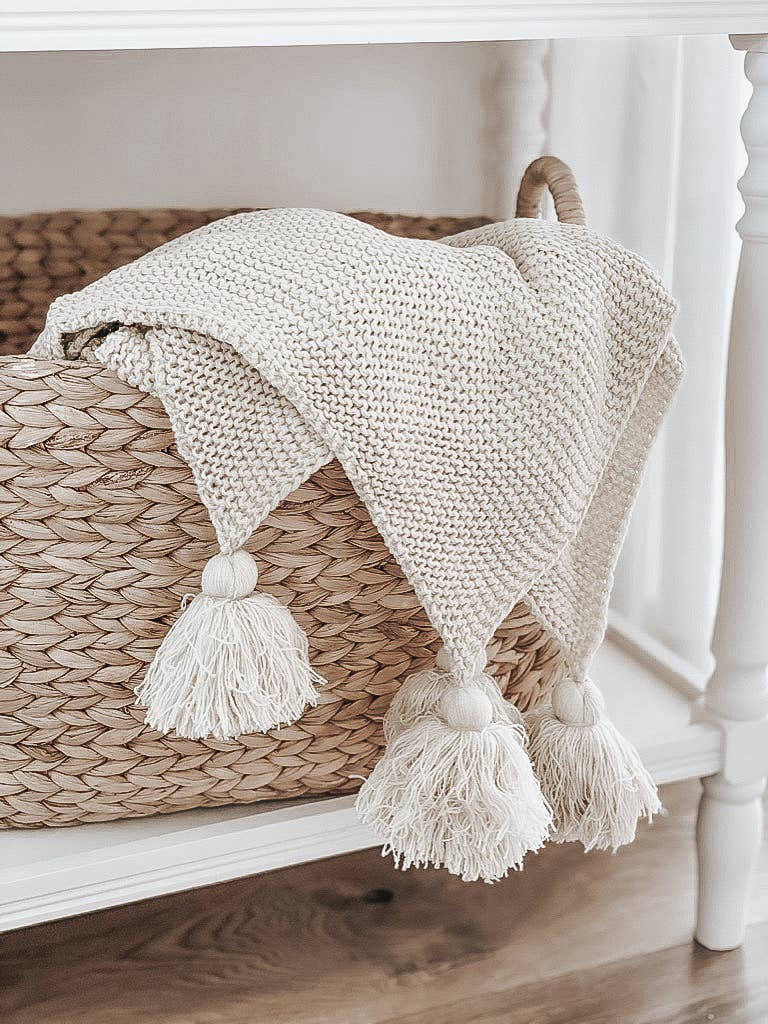 Cream Knit Throw Blanket With Tassels