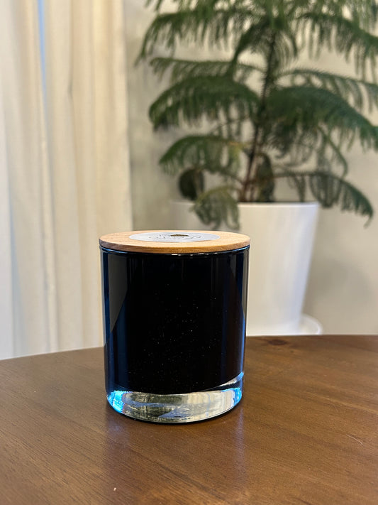 Scented Soy Candle in Reusable Black Glass Jar - Bergamont & Coriander