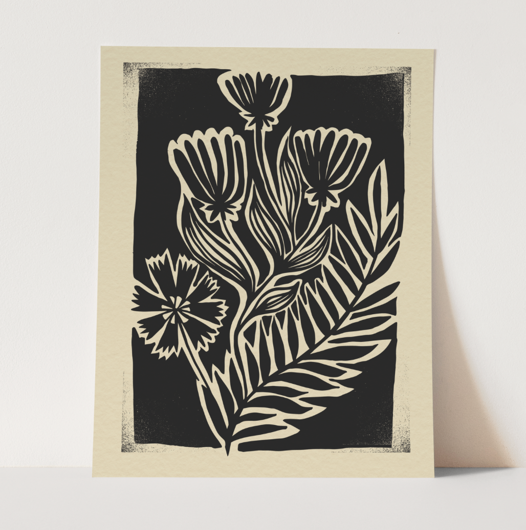 "Reach" Black & White Floral Wall Art Print Mid Century