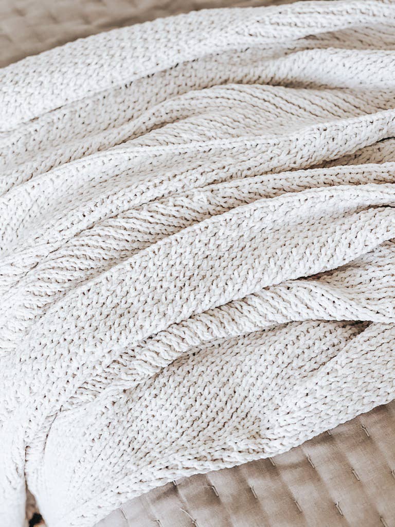 Cream Knit Throw Blanket With Faux Fur Poms