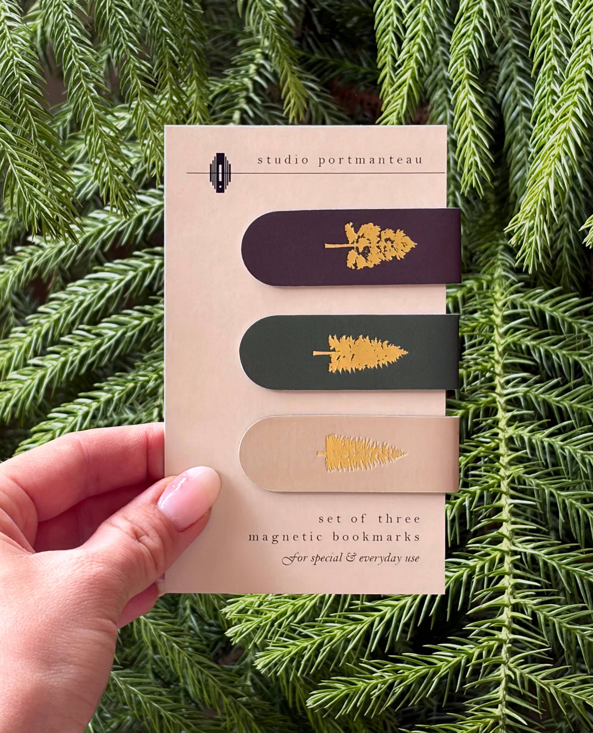 Pine Trees Gold Foil Magnetic Bookmark Trio