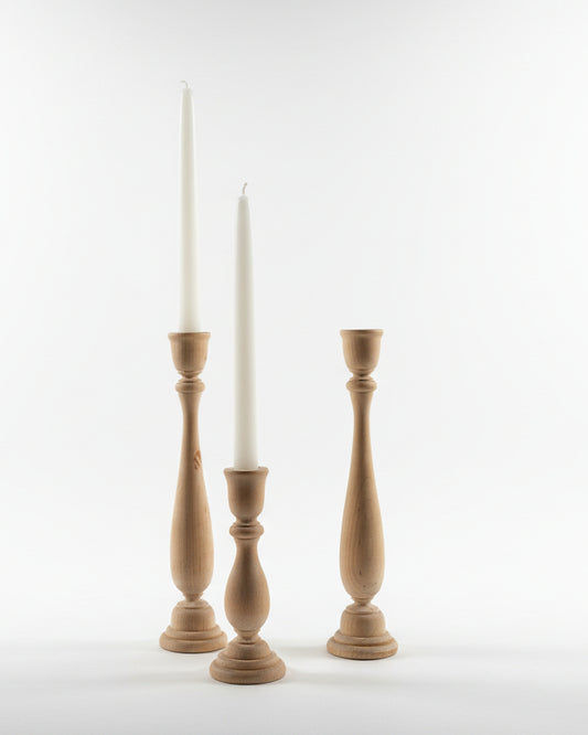 Second-hand unfinished wood taper candle holders set of three
