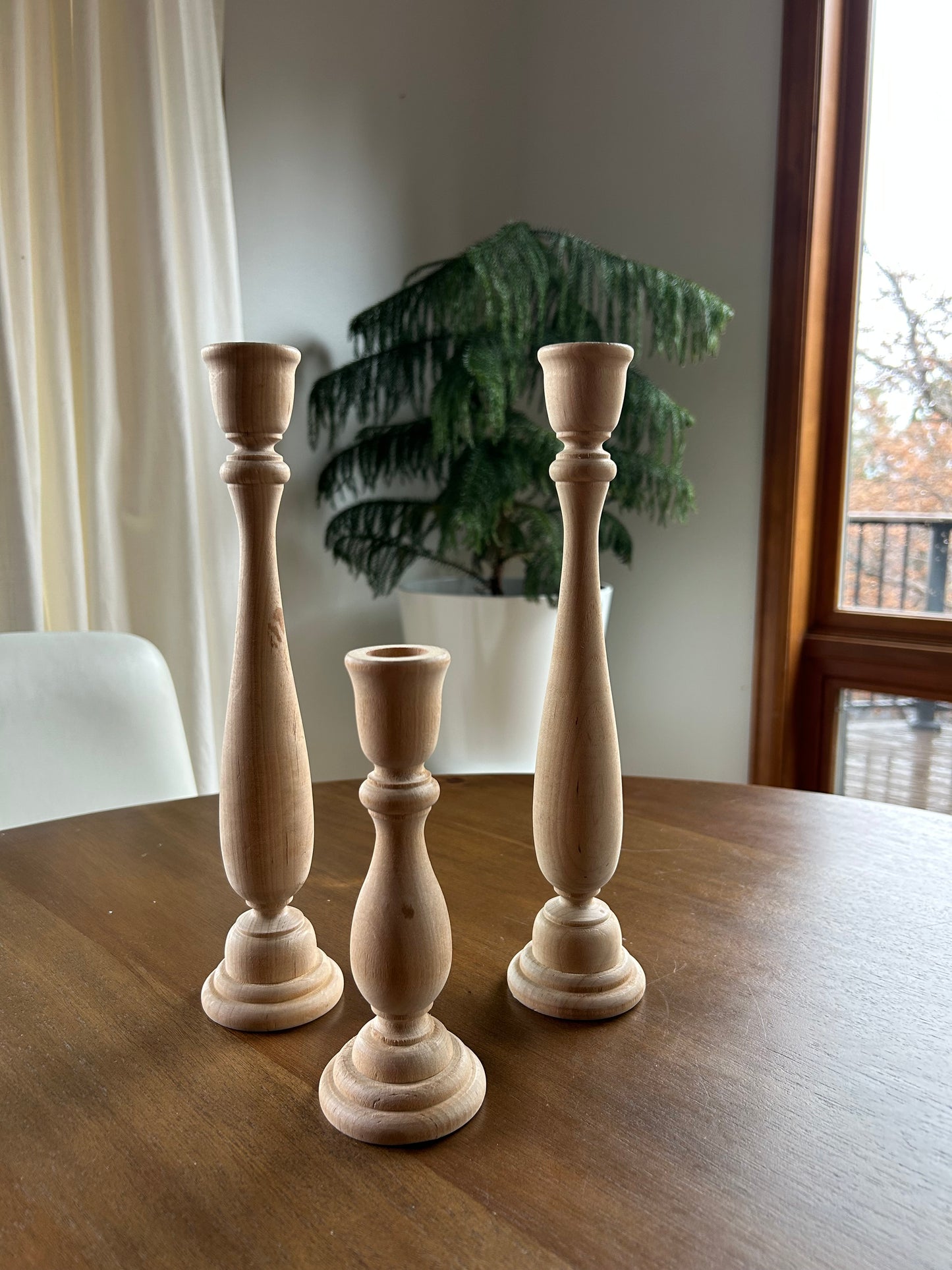Set of 3 Turned Natural Wood Candlesticks