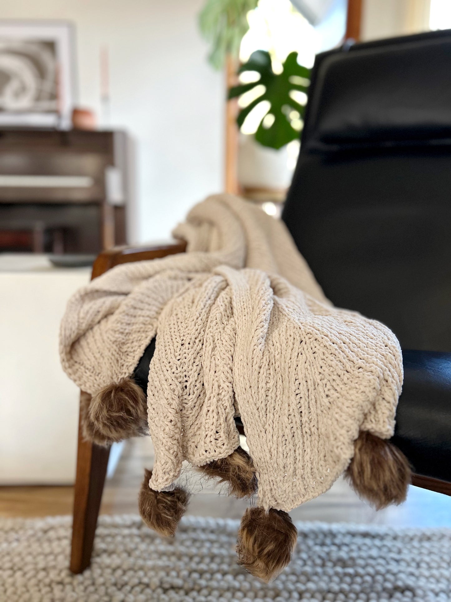 Cream Knit Throw Blanket With Faux Fur Poms