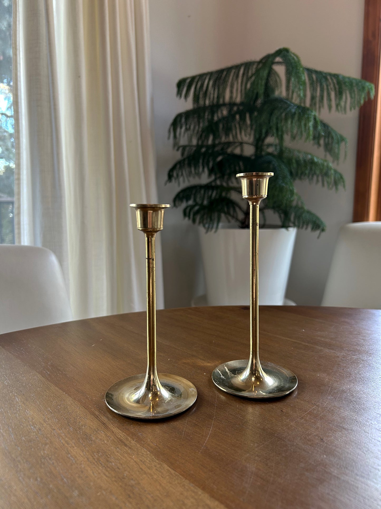 Slim Tulip-Style Vintage Brass Candlesticks (Set of 2)