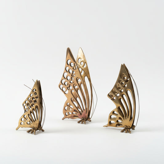 Vintage Set of 3 Solid Brass Midcentury Modern Butterfly Figurines in style of C. Jeré