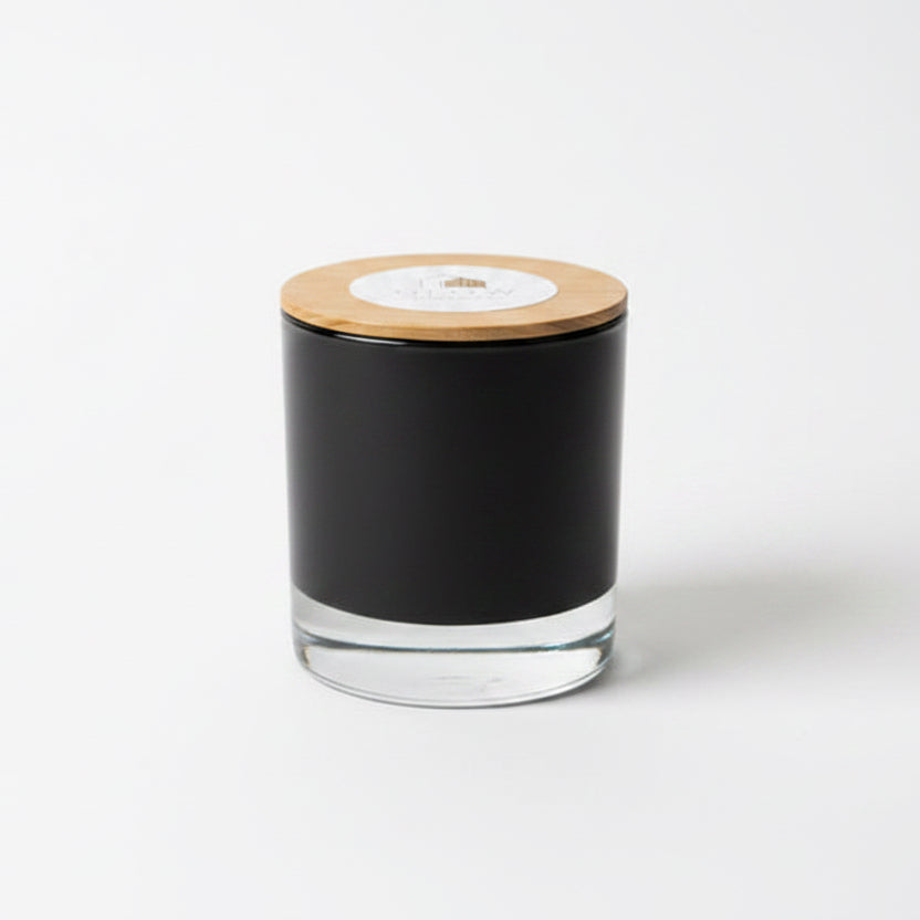 Scented Soy Candle in Reusable Black Glass Jar - Bergamont & Coriander