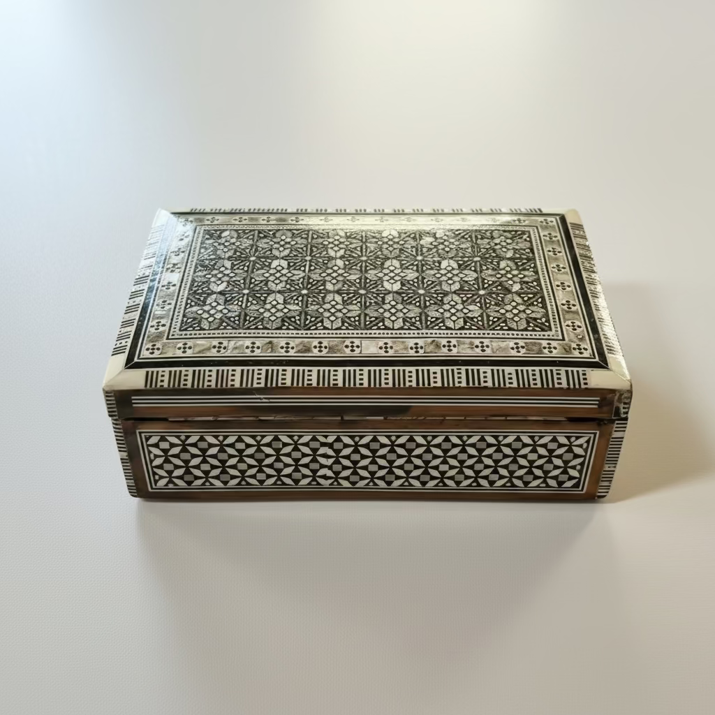 Vintage Wood Keepsake Box with Inlaid Mother of Pearl and Red Velvet Interior Lining
