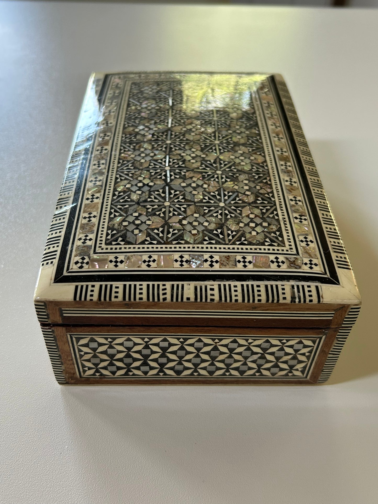 Vintage Wood Keepsake Box with Inlaid Mother of Pearl and Red Velvet Interior Lining