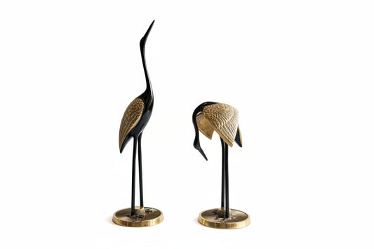 Vintage Brass & Black Lacquer Crane Sculptures (Pair)