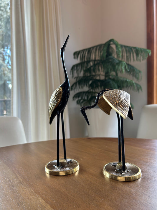 Vintage Brass & Black Lacquer Crane Sculptures (Pair)