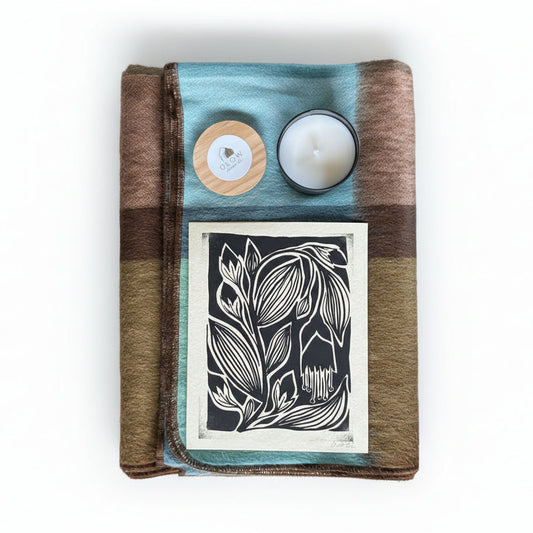 Glow House Co Spring Gift Bundle with Green and Blue Alpaca Blanket , Custom Scented Soy Candle and Custom Printed Block Art.