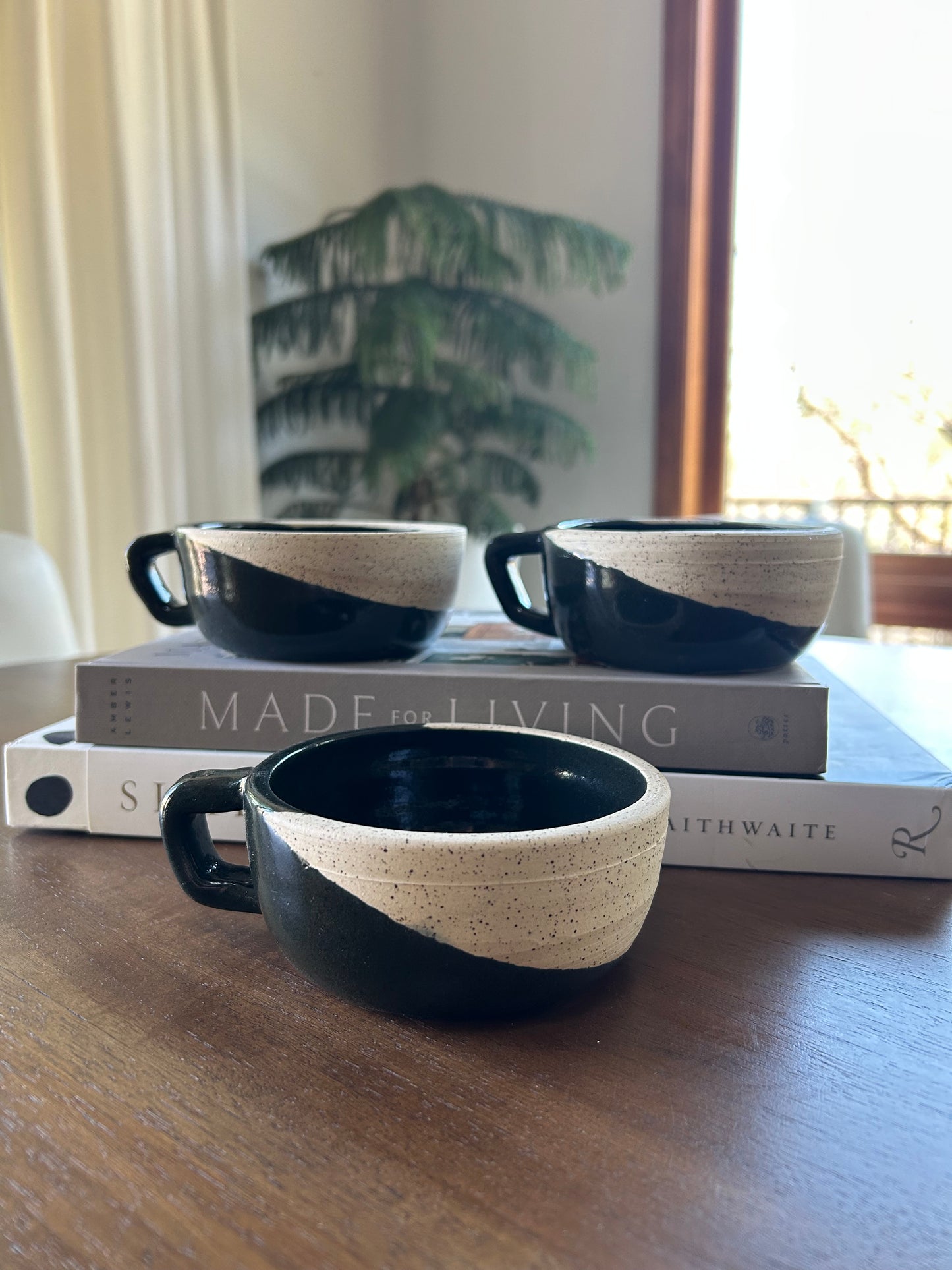 Set of 3 "Misfit" Modern Forest Green Glaze & Speckled Clay Ceramic Cappuccino Mugs (Limited Edition))