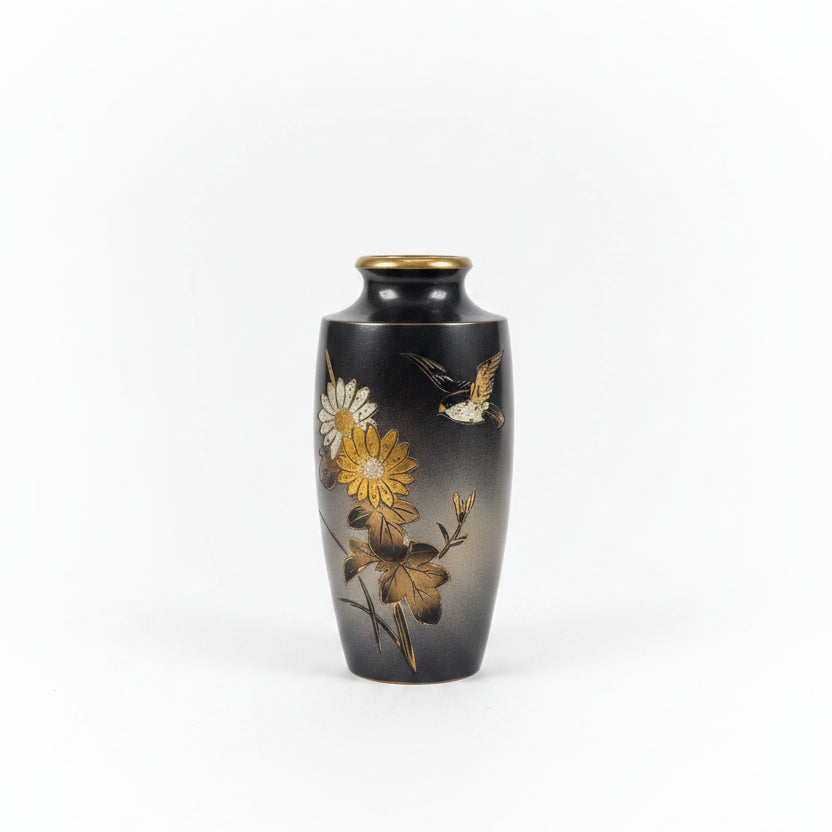 Antique Japanese Meiji Bronze Bud Vase - Signed Seigetsu (晴月) - Mixed Metal Gold & Silver Inlay - Bird and Chrysanthemum Motif - 19th Century Zogan Art