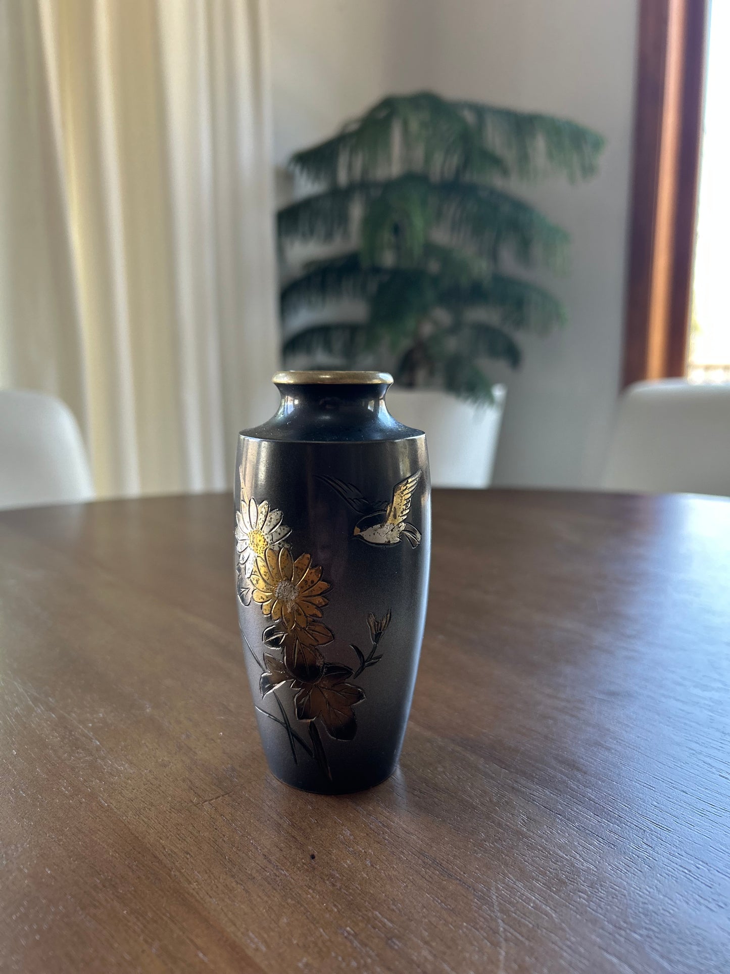 Antique Japanese Meiji Bronze Bud Vase - Signed Seigetsu (晴月) - Mixed Metal Gold & Silver Inlay - Bird and Chrysanthemum Motif - 19th Century Zogan Art