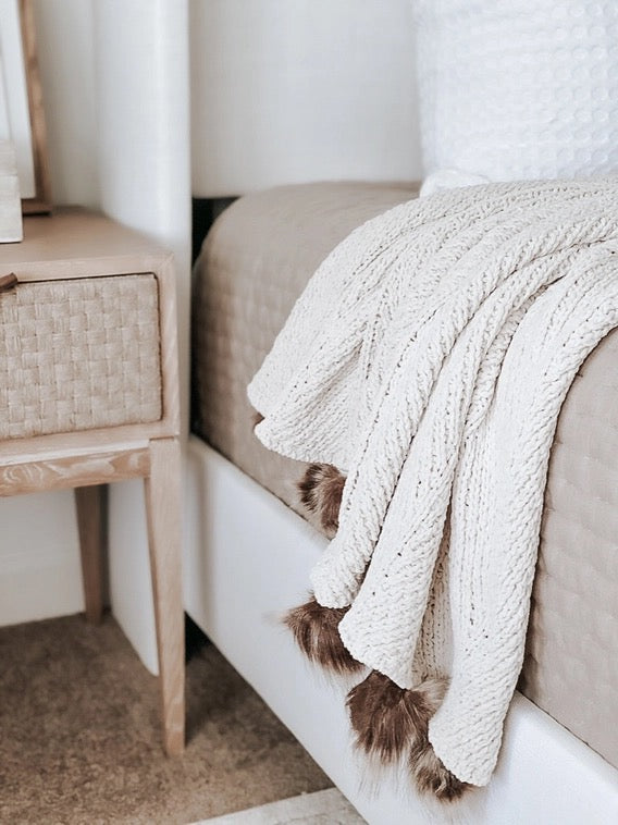 Cream Knit Throw Blanket With Faux Fur Poms