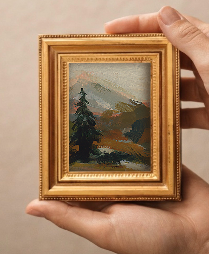 Vertical Mini Framed Mountain Scenery Art |Wall Shelf Decor Gift