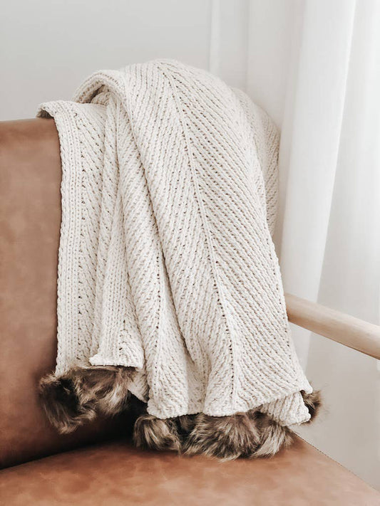 Cream Knit Throw Blanket With Faux Fur Poms